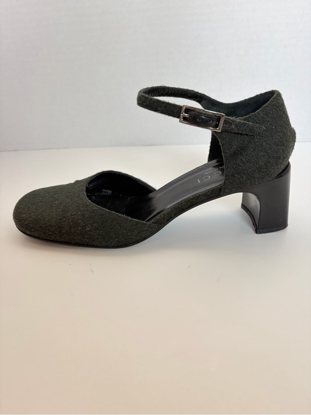 Gucci Mary Jane Pumps Vintage Ankle Strap Block Heel Wool Dark Green Size 38.5C - Picture 8 of 16